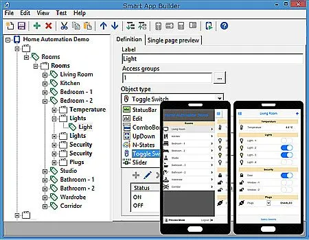 Smart App Builder screen, tool for creation of SCADA applications for mobile devices