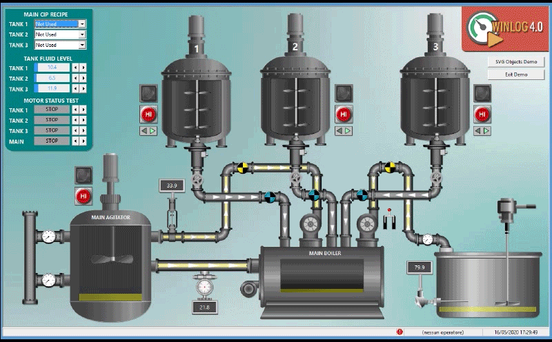 Applicazione SCADA animata con serbatoi, agitatori, motori e pompe