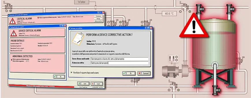 Supervision pages of a SCADA software with events and alarms