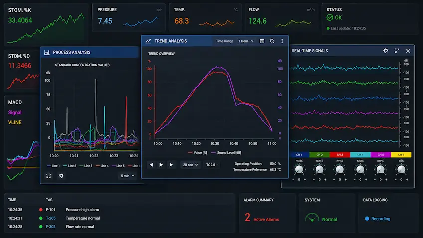 Supervision pages of a SCADA software with charts