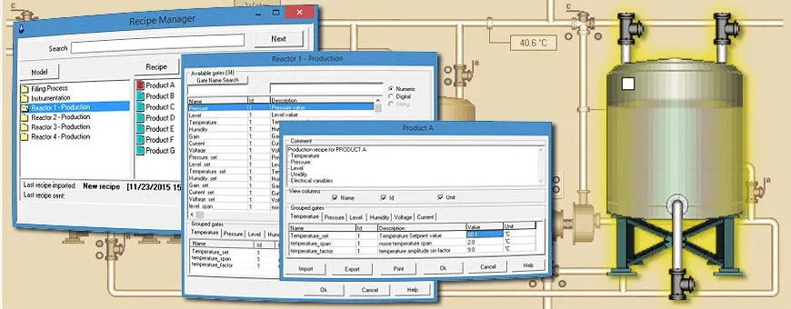 Supervision pages of a SCADA software with production recipes