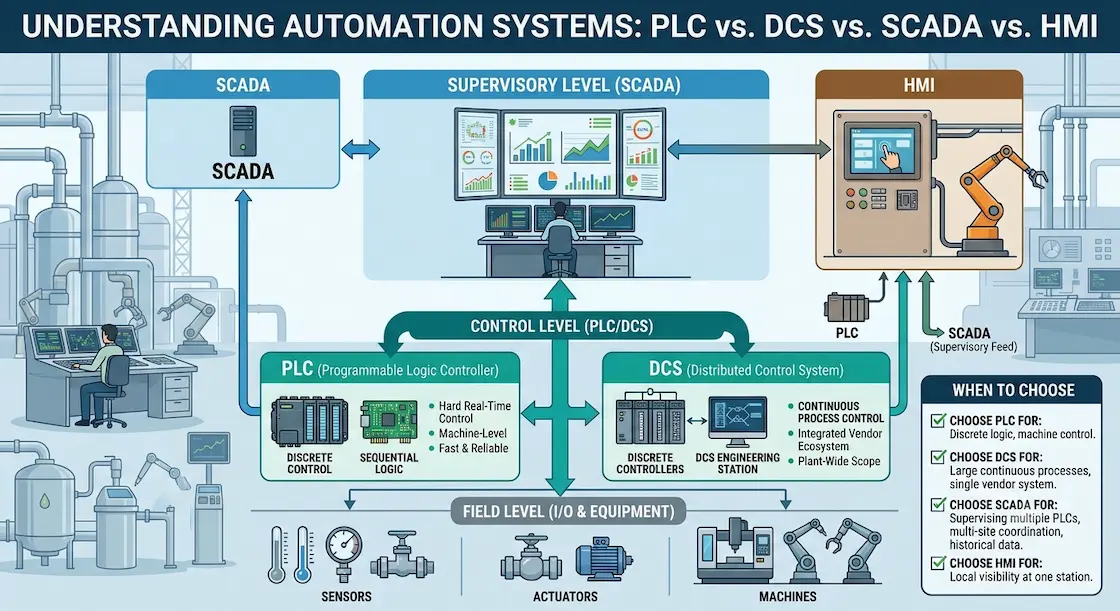 PLC, DCS, SCADA and HMI differences: how they work and when to choose each