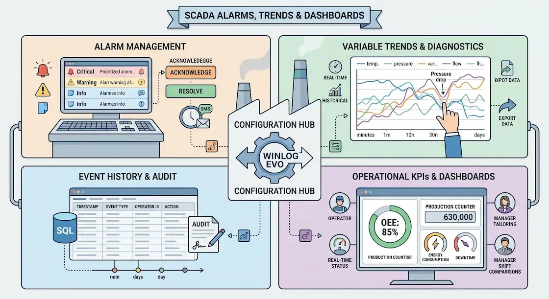 SCADA alarms and trends: configuring event history, charts and dashboards