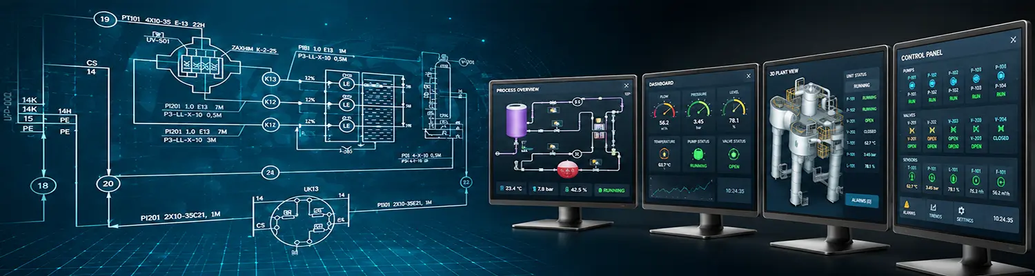 Different Winlog SCADA industrial applications on multiple monitors