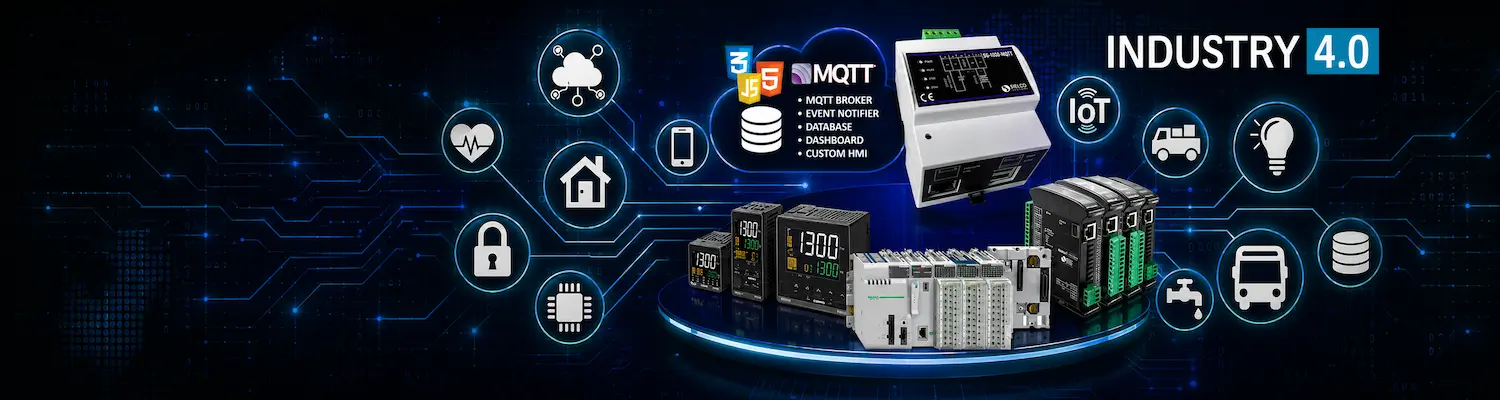 MQTT IoT Gateway connected to Modbus controllers, PLCs and I/O modules, sending data in the cloud